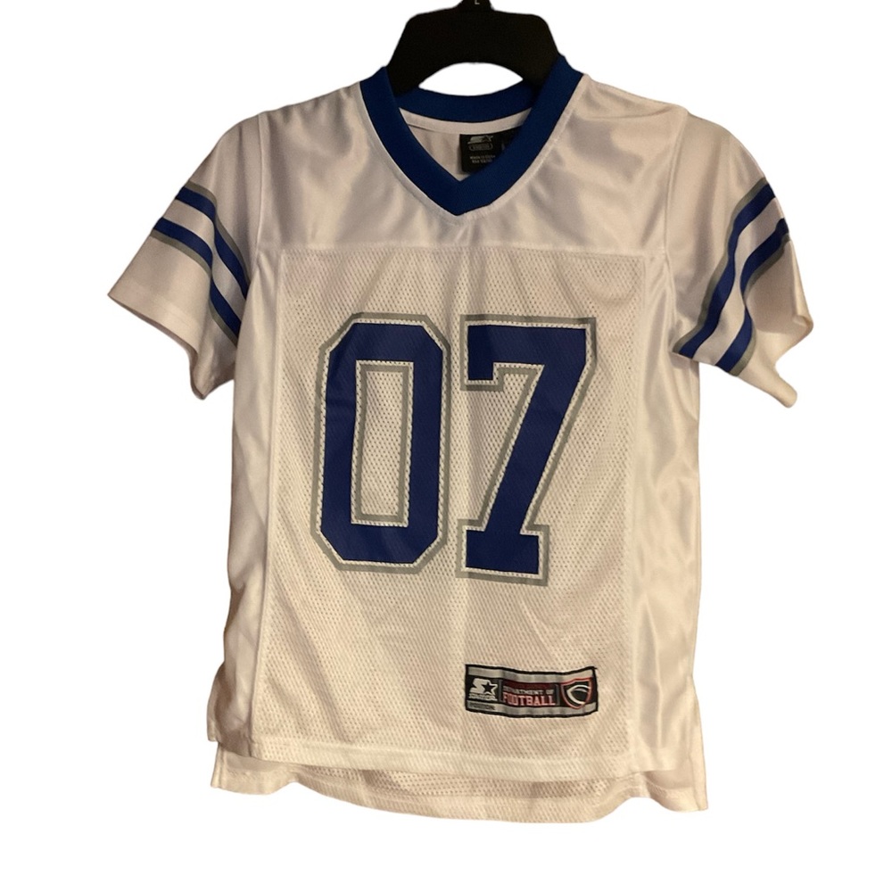 Boy’s Starter White and Blue Number 07 Football Jersey. Polyester. Graphic